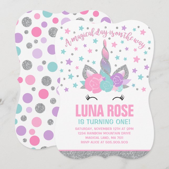Magical Unicorn Birthday Invitation Pink & Silver (Front/Back)