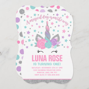 Magical Unicorn Birthday Invitation Pink & Silver