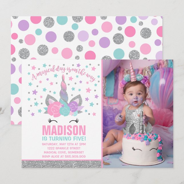 Magical Unicorn Birthday Invitation Pink & Silver (Front/Back)