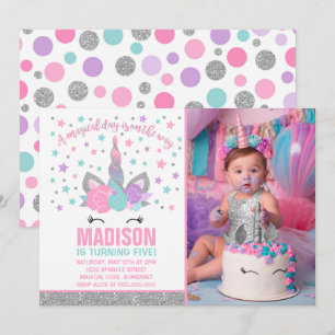Magical Unicorn Birthday Invitation Pink & Silver