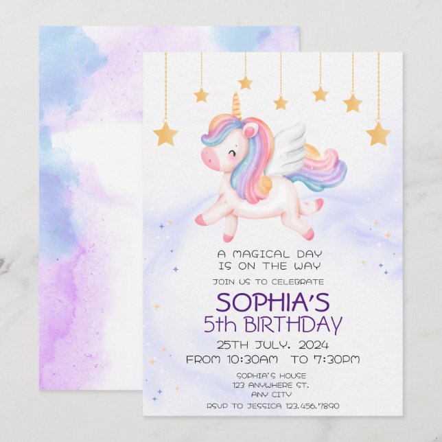 Magical Unicorn Birthday Invitation Rainbow  (Front/Back)