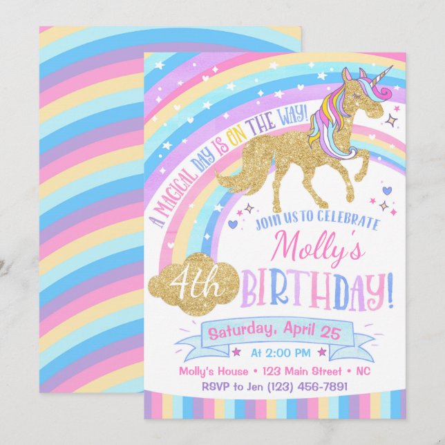 Magical Unicorn Birthday Invitation Rainbow Invite (Front/Back)