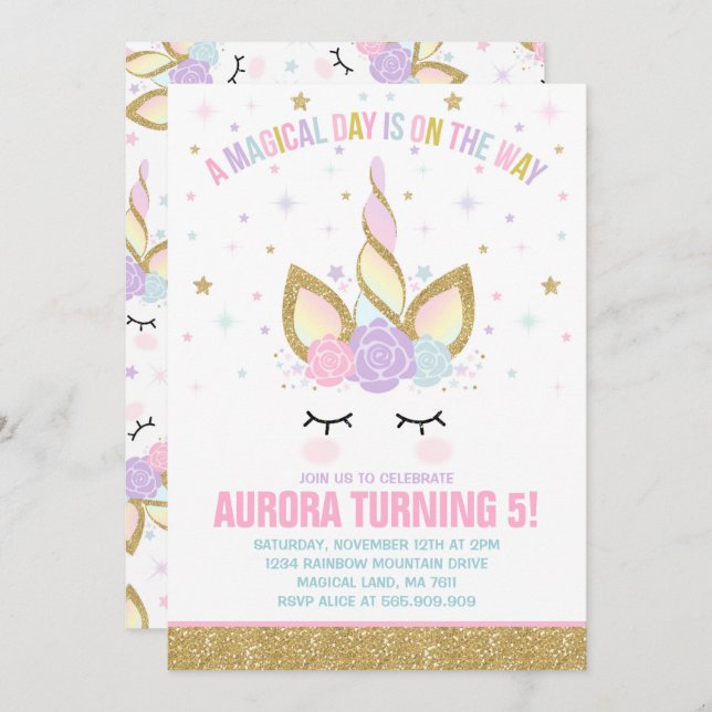 Magical Unicorn Birthday Invitation Unicorn Party (Front/Back)