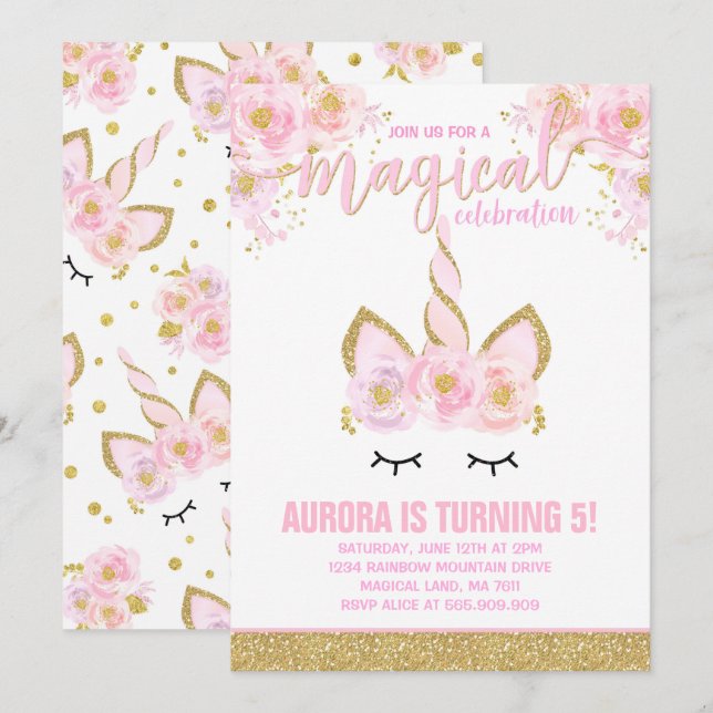 Magical Unicorn Birthday Invitation Unicorn Party (Front/Back)