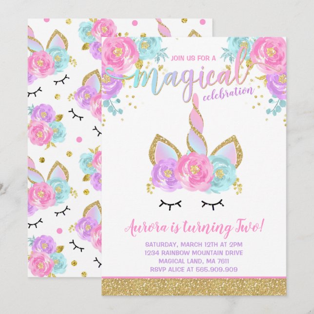 Magical Unicorn Birthday Invitation Unicorn Party (Front/Back)