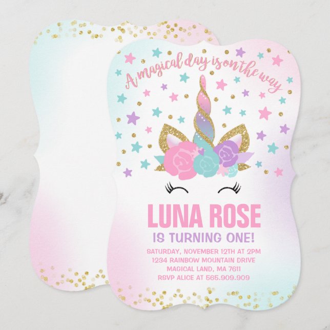 Magical Unicorn Birthday Invitation Unicorn Party (Front/Back)