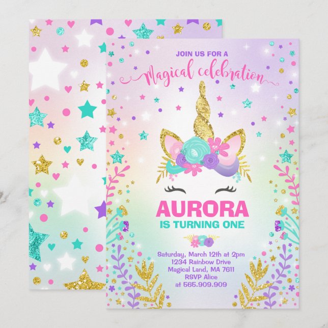 Magical Unicorn Birthday Invitation Unicorn Party (Front/Back)
