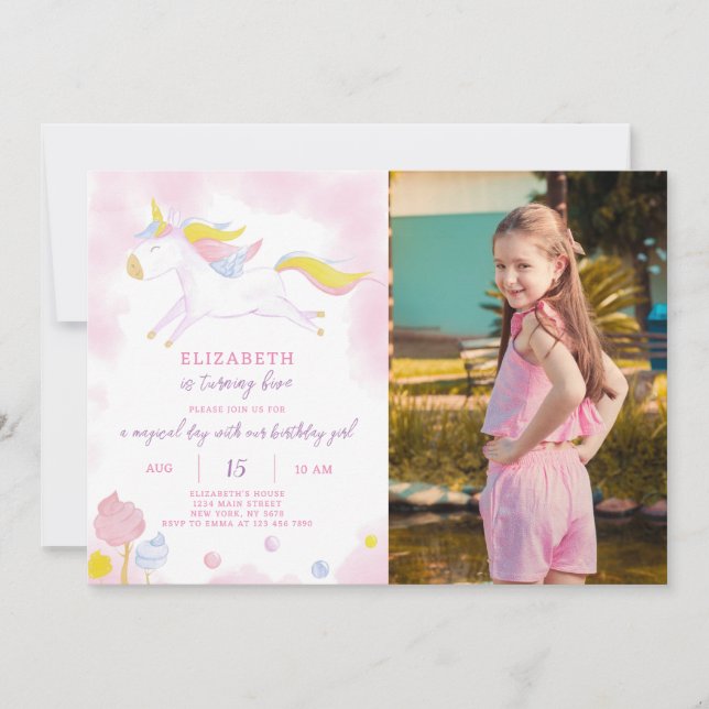Magical Unicorn Birthday Invitation With Photo (Front)