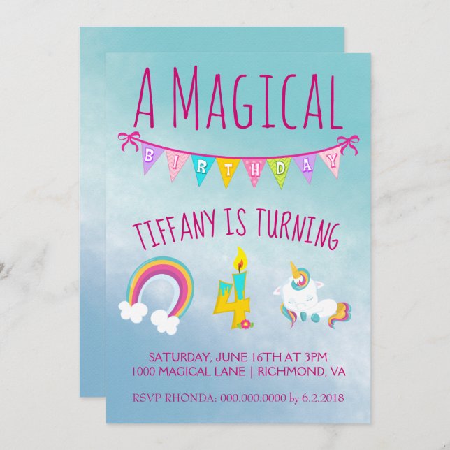 Magical Unicorn Birthday Party Four Years Old Invitation (Front/Back)