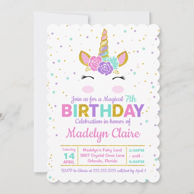 Magical Unicorn Birthday Party Invitation (Front)