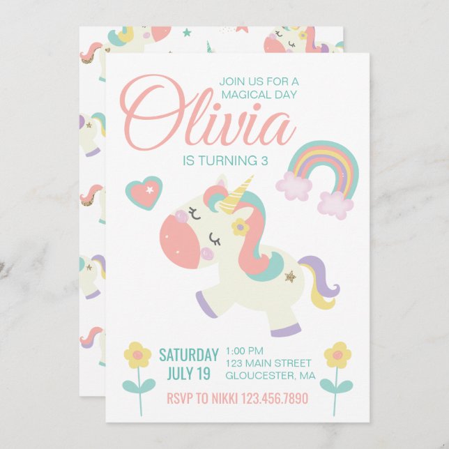 Magical Unicorn birthday party invitation pastel (Front/Back)