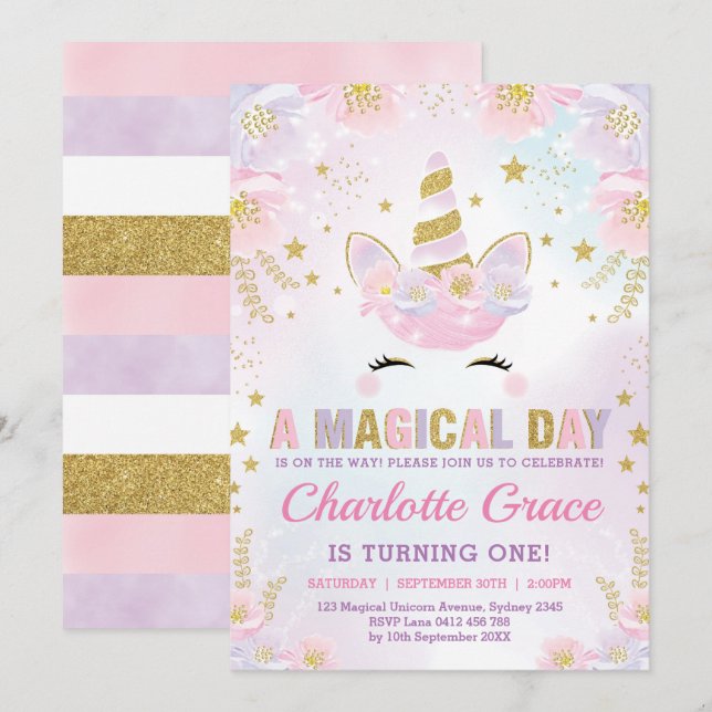 Magical Unicorn Birthday / Pastel Floral Pink Gold Invitation (Front/Back)