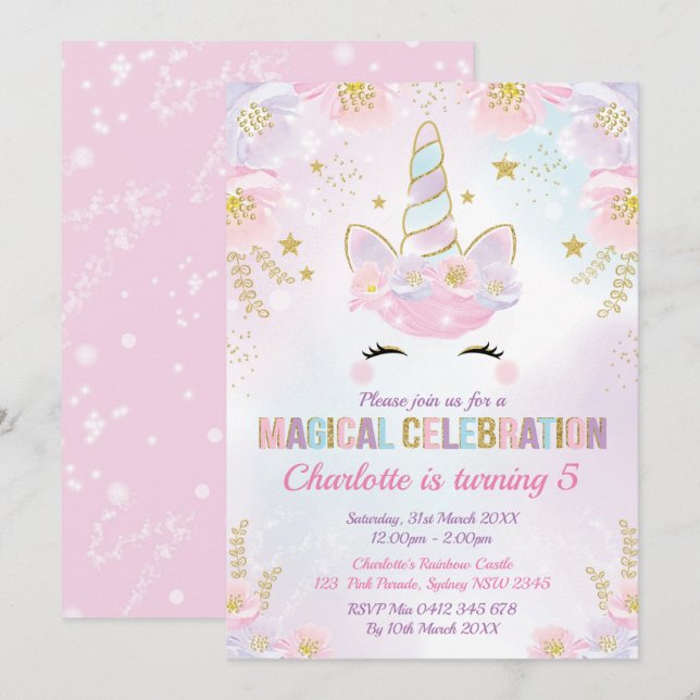 Magical Unicorn Birthday / Pastel Pink Purple Gold Invitation (Front/Back)