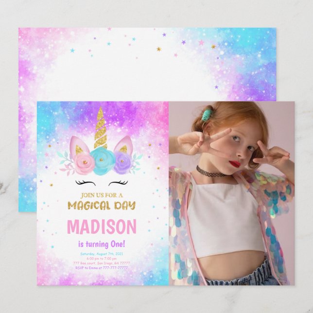 Magical Unicorn Birthday Photo Invitation (Front/Back)