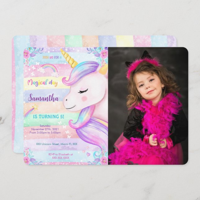 Magical Unicorn Birthday Photo Invitation  (Front/Back)