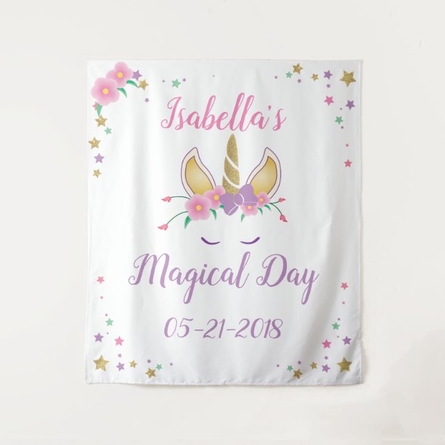 Magical Unicorn Birthday Photobooth Backdrop Tapestry (Front)