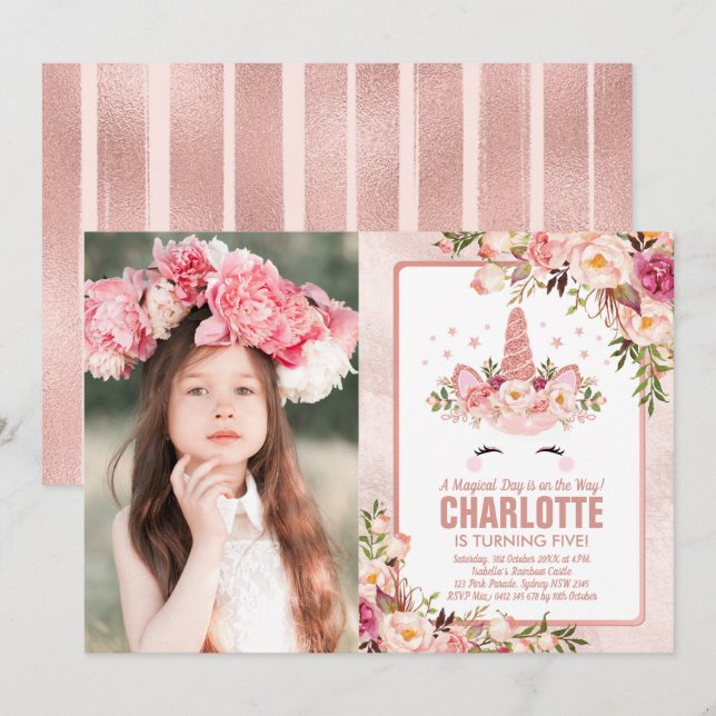 Magical Unicorn Birthday / Pretty Rose Gold Floral Invitation (Front/Back)