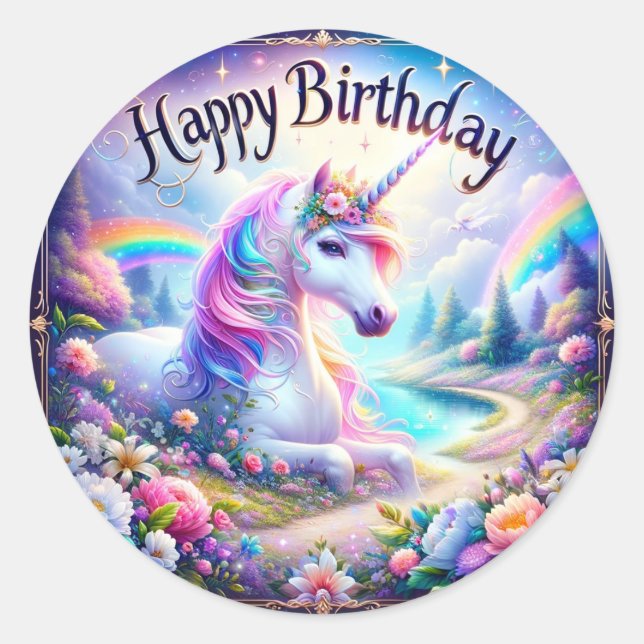 Magical Unicorn Birthday Stickers"    Classic Round Sticker (Front)