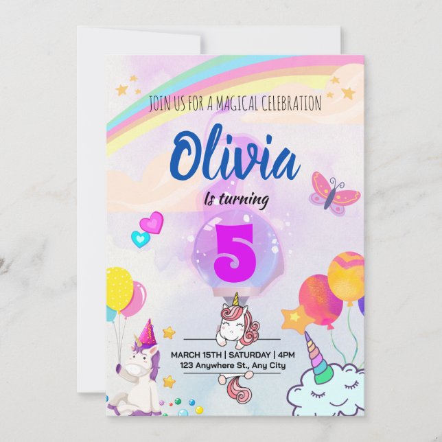 Magical Unicorn Birthday with Colourful Rainbow  Invitation (Front)