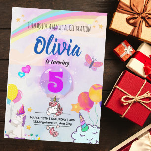 Magical Unicorn Birthday with Colourful Rainbow Invitation