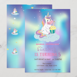 Magical Unicorn Blue Holographic Birthday Invitation