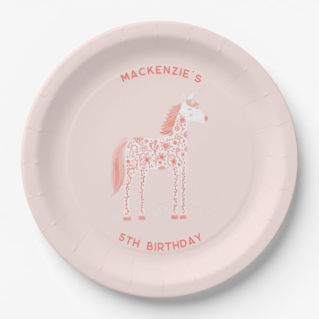 Magical Unicorn Blush Pink Birthday Party Paper Plate (Front)