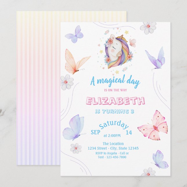 Magical Unicorn Butterflies Striped Birthday  Invitation (Front/Back)