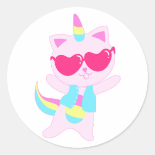 Magical unicorn Cat cartoon - Choose back colour Classic Round Sticker