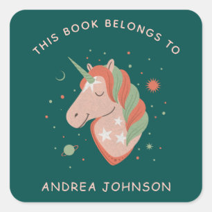 Magical Unicorn Celestial Planets Name Bookplate  Square Sticker