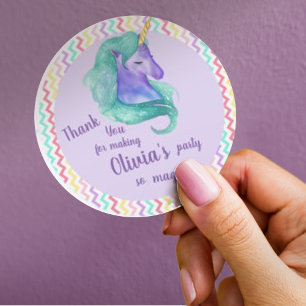 Magical Unicorn Chevron Pastel Kids Birthday Party Classic Round Sticker