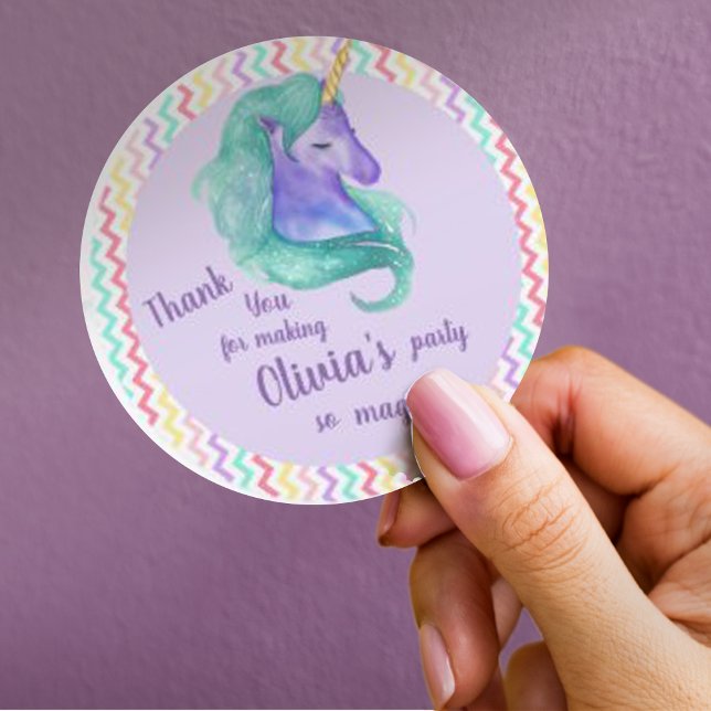 Magical Unicorn Chevron Pastel Kids Birthday Party Classic Round Sticker (Magical Unicorn Chevron Pastel Kids Birthday Party Classic Round Sticker)