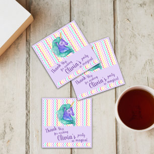 Magical Unicorn Chevron Pastel Kids Birthday Party Square Paper Coaster