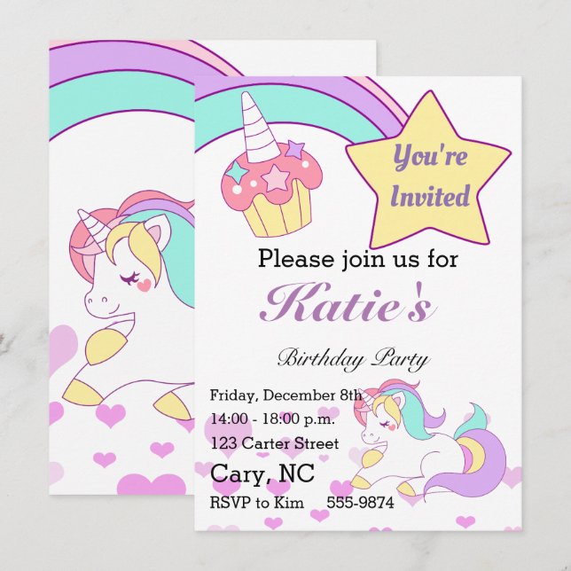 Magical Unicorn Children birthday invitation (Front/Back)