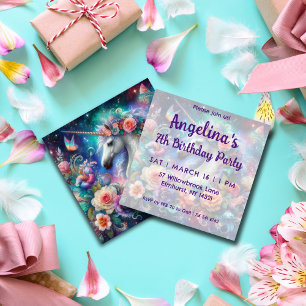 Magical Unicorn Colourful Floral Girls Birthday  Invitation