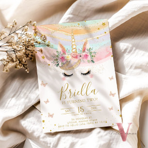 Magical Unicorn Colourful Pastel Gold Birthday Invitation