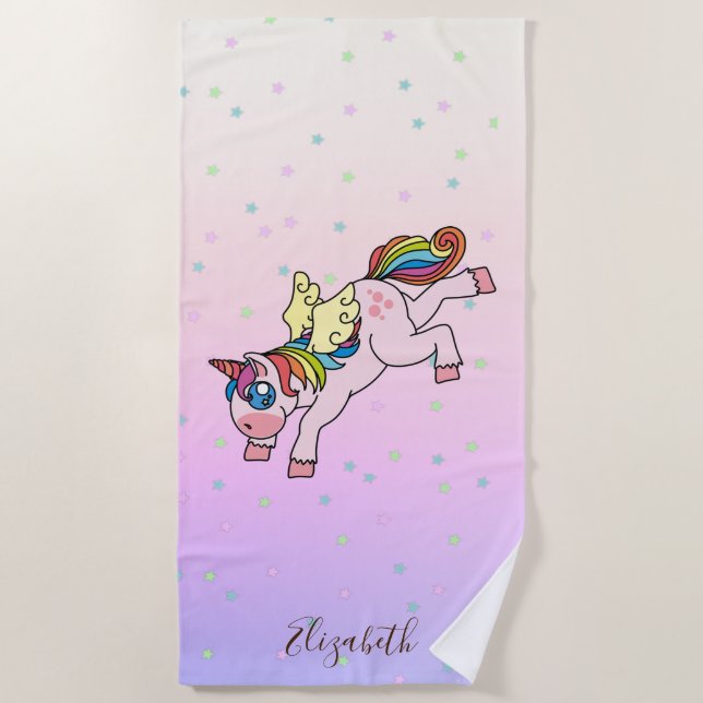 Magical Unicorn, Colourful Stars - Personalised Beach Towel (Front)