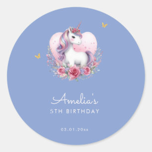 Magical Unicorn Cute Blue Birthday Favour Classic Round Sticker
