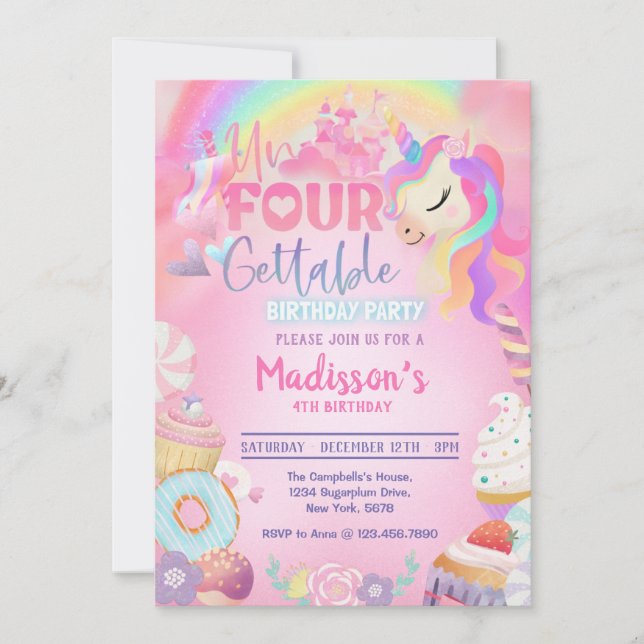 Magical Unicorn Doughnut Sweet 4th Birthday Invitation (Front)
