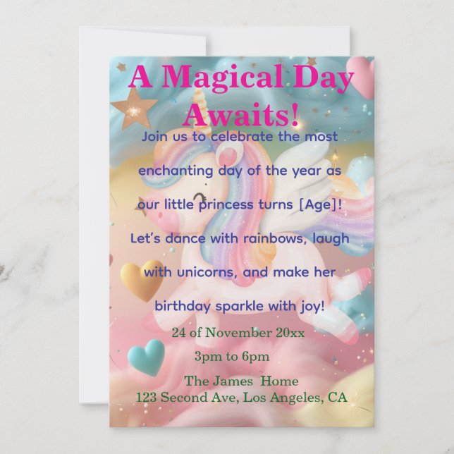 Magical Unicorn Dream Birthday Invitation  (Front)