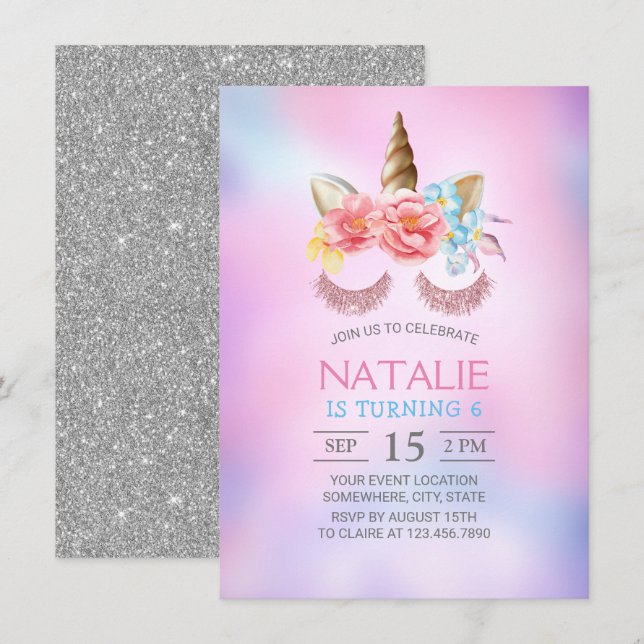 Magical Unicorn Dreamy Pink Blue Ombre Birthday Invitation (Front/Back)