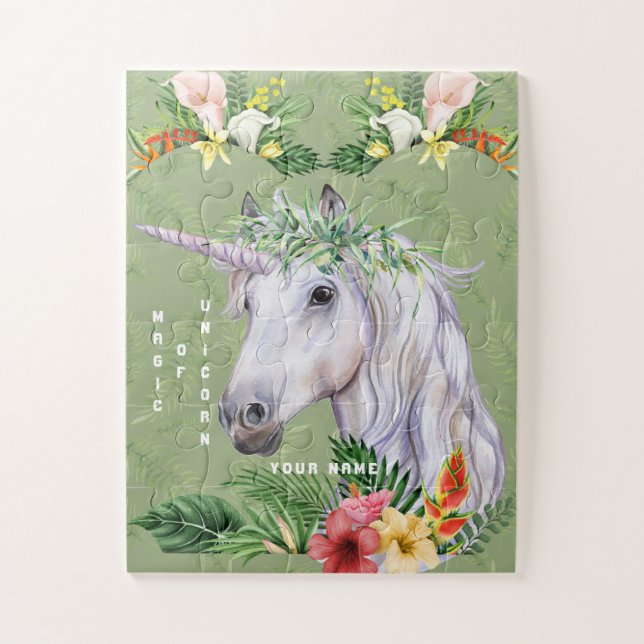 Magical Unicorn Exotic Tropical Flowers Monogram Jigsaw Puzzle (Vertical)