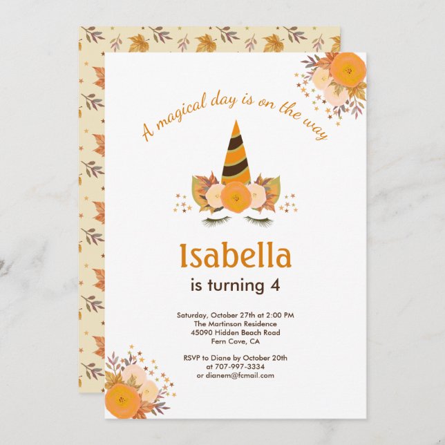 Magical Unicorn Fall Halloween Birthday Party Invitation (Front/Back)