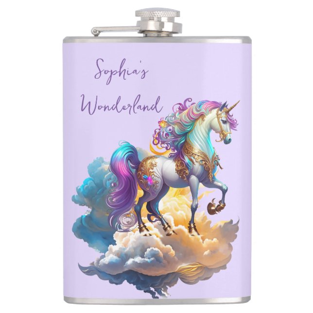 Magical Unicorn Fantasy clouds romance birthday Hip Flask (Front)