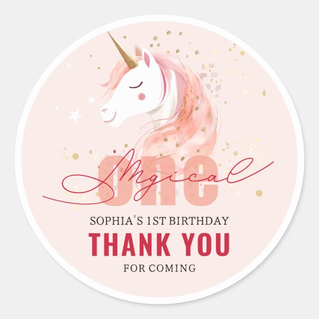 Magical Unicorn First Birthday Classic Round Sticker (Front)