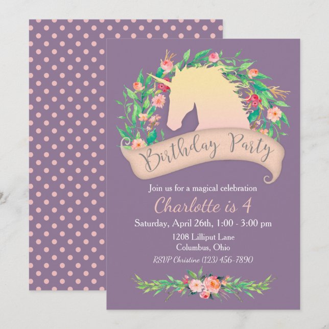 Magical Unicorn Floral Birthday Party Invitation (Front/Back)