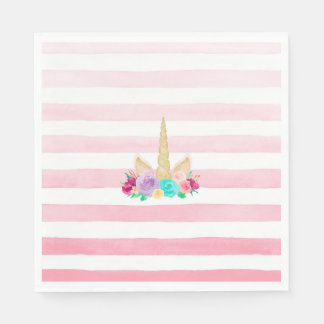 Magical Unicorn Floral Pink Striped Napkins