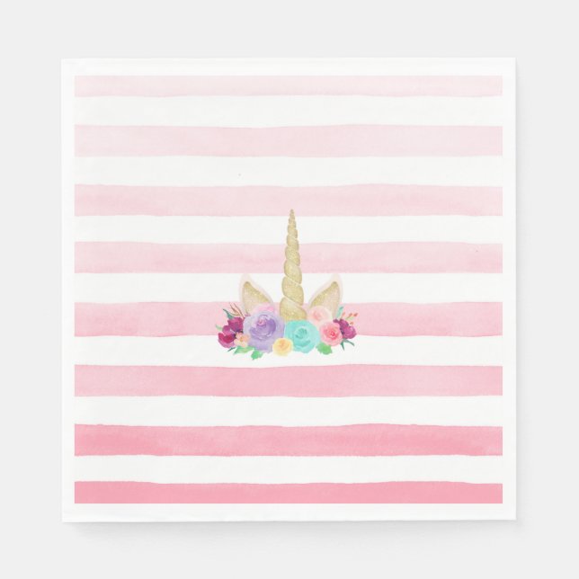 Magical Unicorn Floral Pink Striped Napkins (Front)