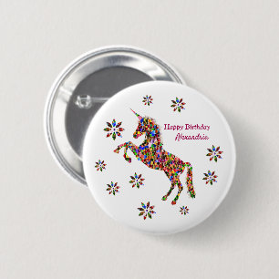 Magical Unicorn Flowers Birthday Personalize 6 Cm Round Badge