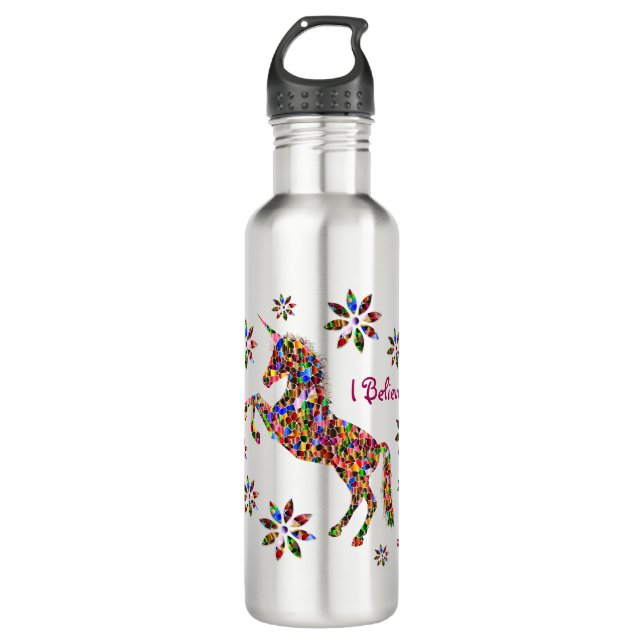 Magical Unicorn Flowers I Believe Personalise 710 Ml Water Bottle (Front)