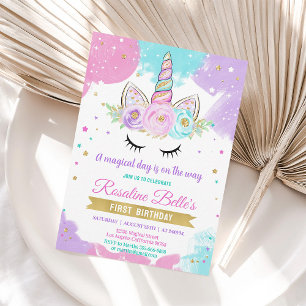 Magical Unicorn Girl Gold Birthday Invitation